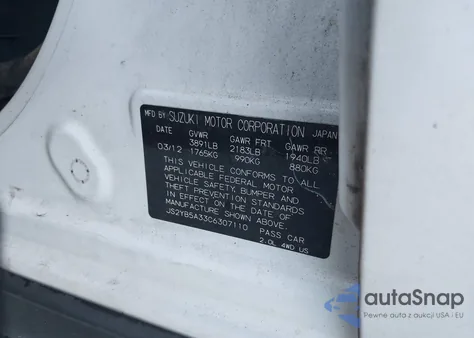 2012 Suzuki Sx4 Premium/Tech Valu Pkg (Nav) z USA, uszkodzony, nr VIN JS2YB5A33C6307110